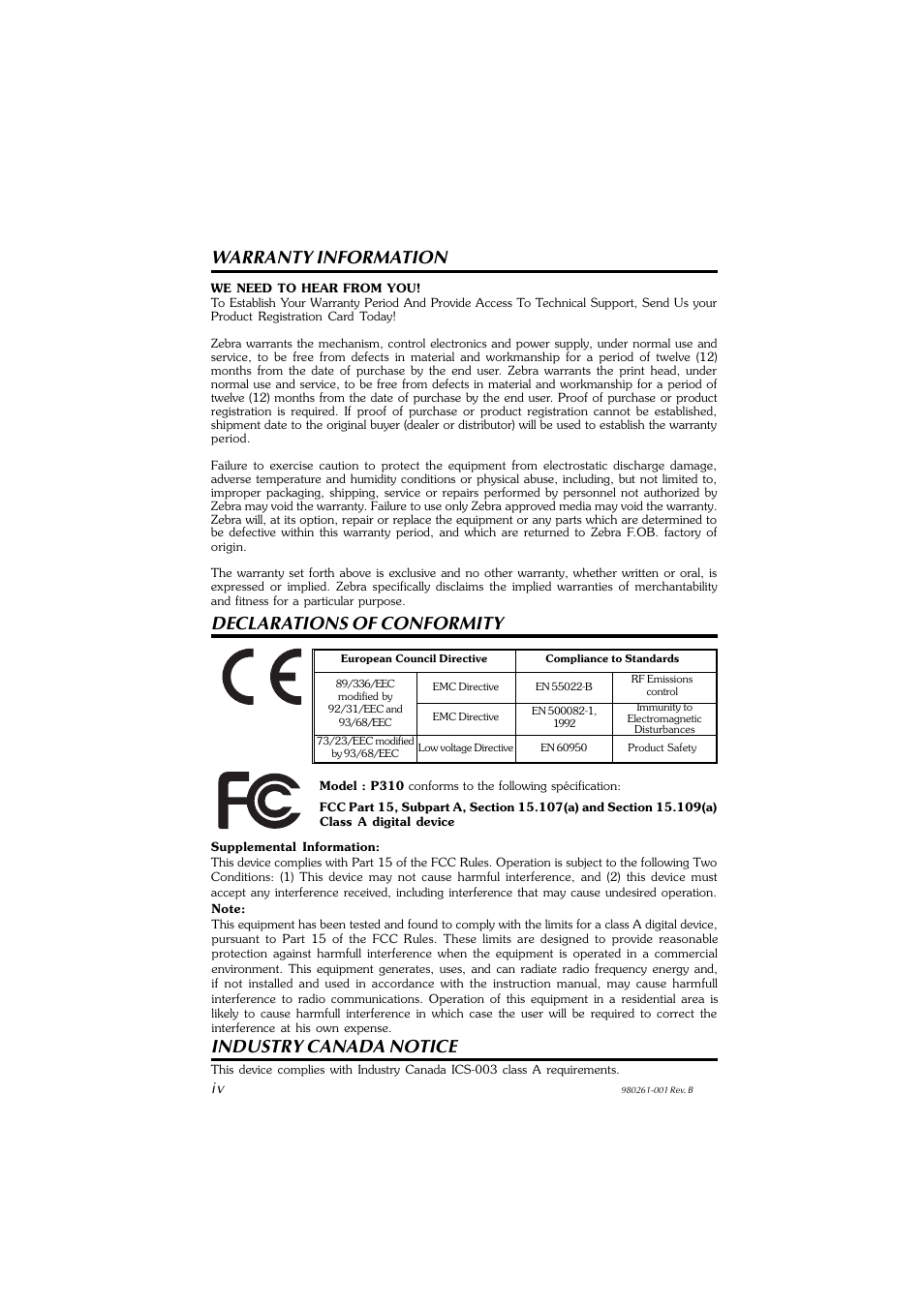 Warranty information, Declarations of conformity, Industry canada notice | Zebra Technologies P310F User Manual | Page 4 / 46