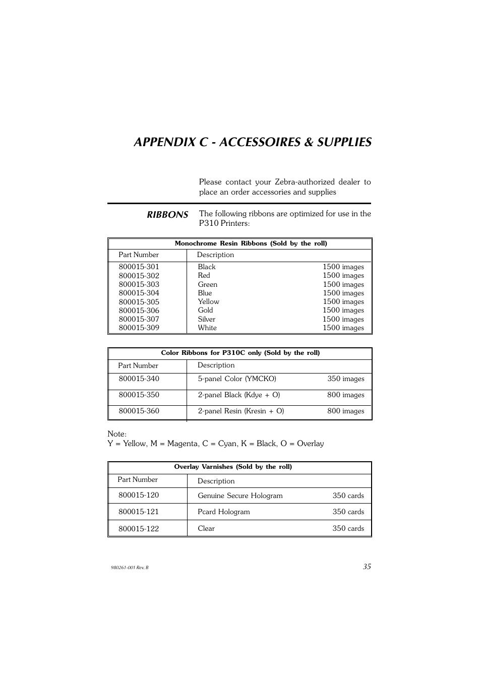 Appendix c - accessoires & supplies, Ribbons | Zebra Technologies P310F User Manual | Page 43 / 46