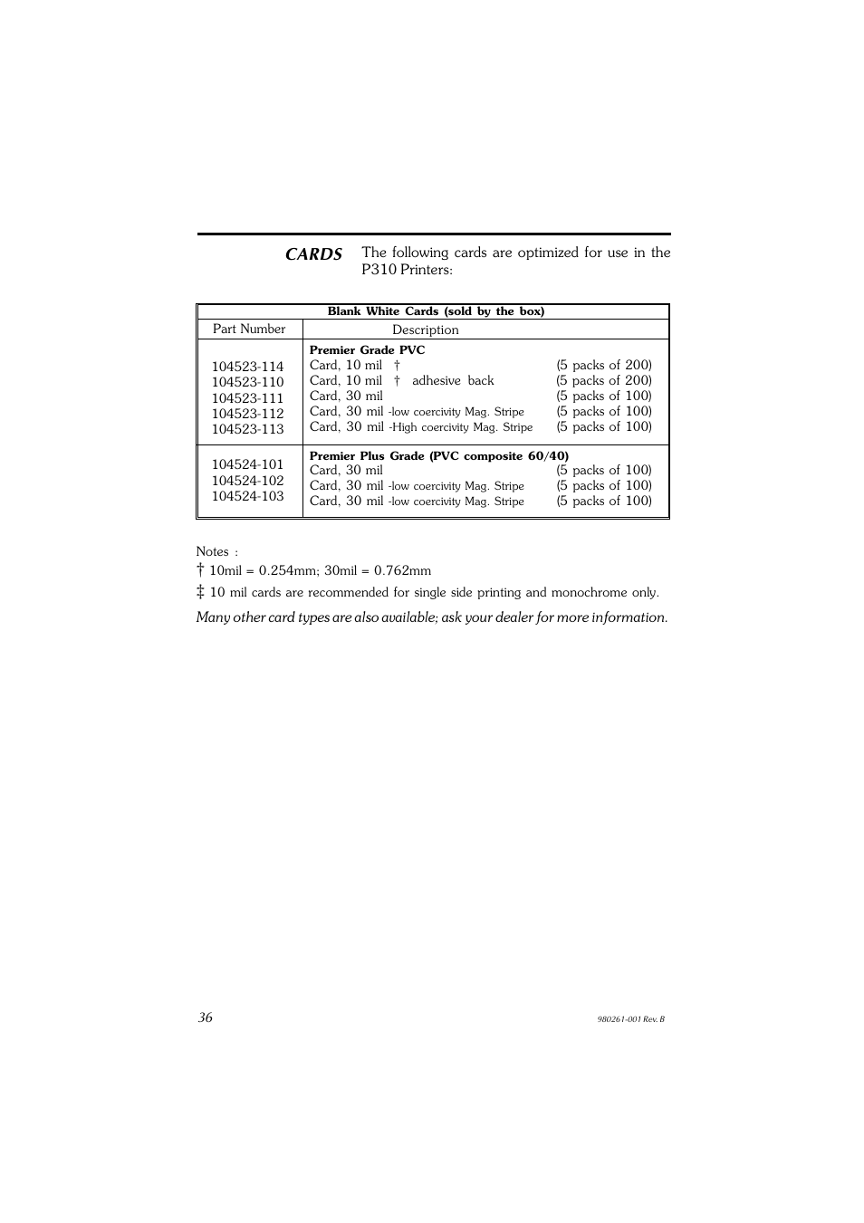 Cards | Zebra Technologies P310F User Manual | Page 44 / 46