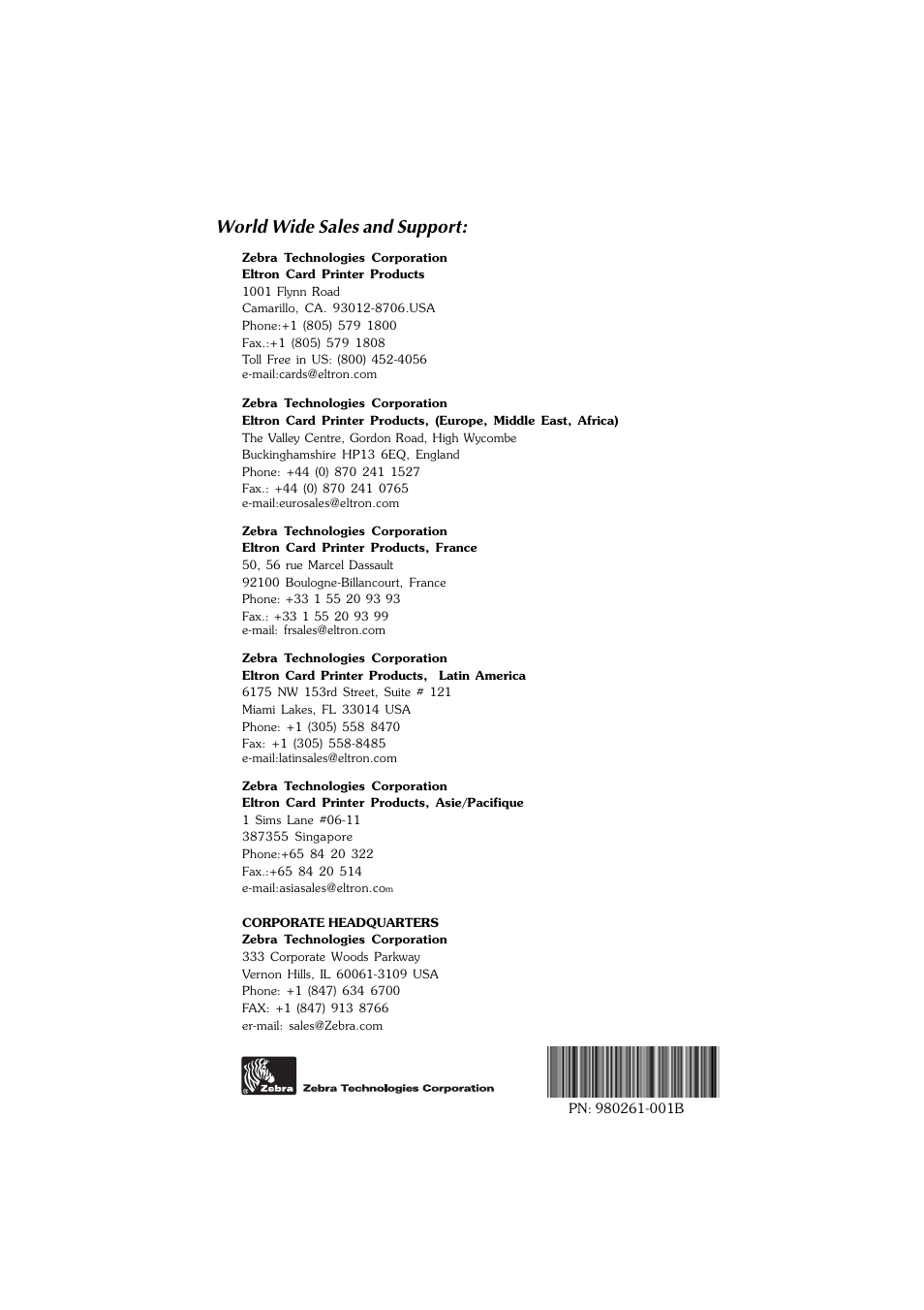 World wide sales and support | Zebra Technologies P310F User Manual | Page 46 / 46