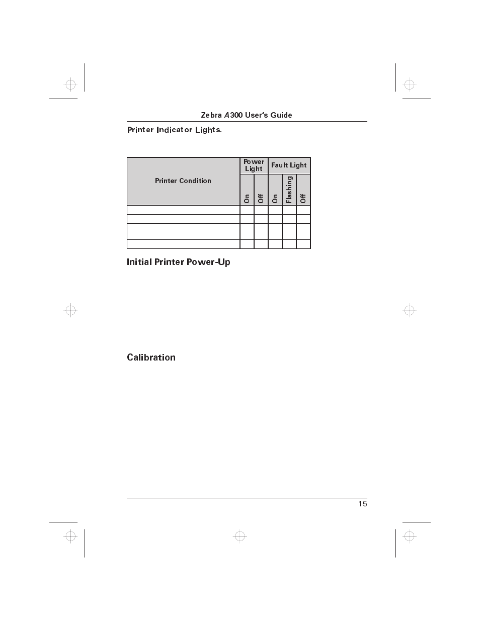 Initial printer power-up, Calibration | Zebra Technologies A300 User Manual | Page 24 / 36