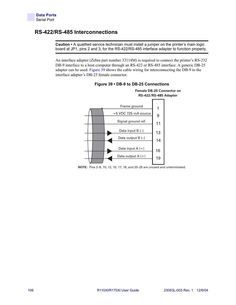 Rs-422/rs-485 interconnections, Rs-422/rs-485 | Zebra Technologies R110Xi User Manual | Page 118 / 184