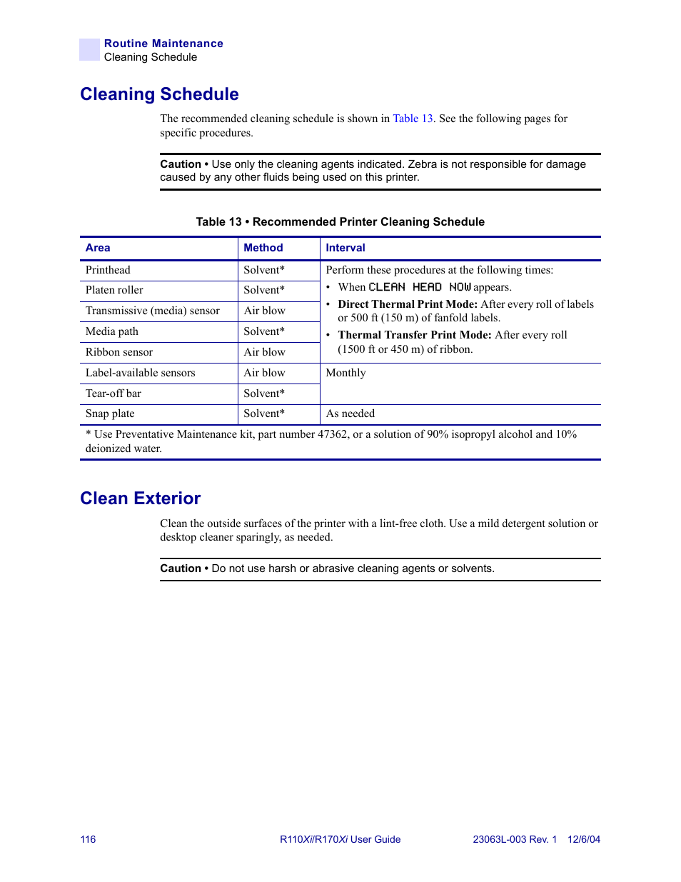 Cleaning schedule, Clean exterior, Cleaning schedule clean exterior | Zebra Technologies R110Xi User Manual | Page 128 / 184