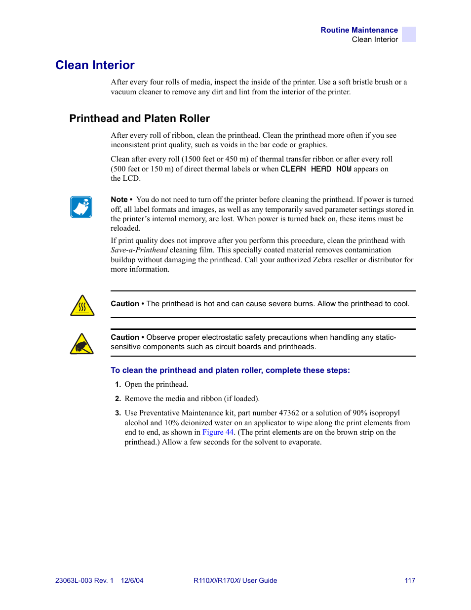 Clean interior, Printhead and platen roller | Zebra Technologies R110Xi User Manual | Page 129 / 184