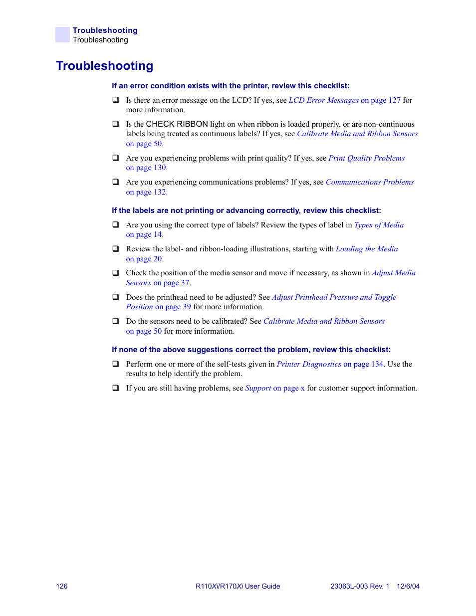 Troubleshooting | Zebra Technologies R110Xi User Manual | Page 138 / 184