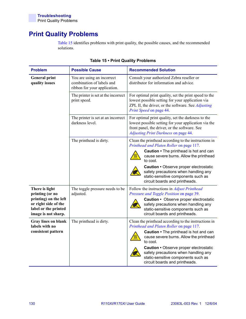 Print quality problems, S, see | Zebra Technologies R110Xi User Manual | Page 142 / 184