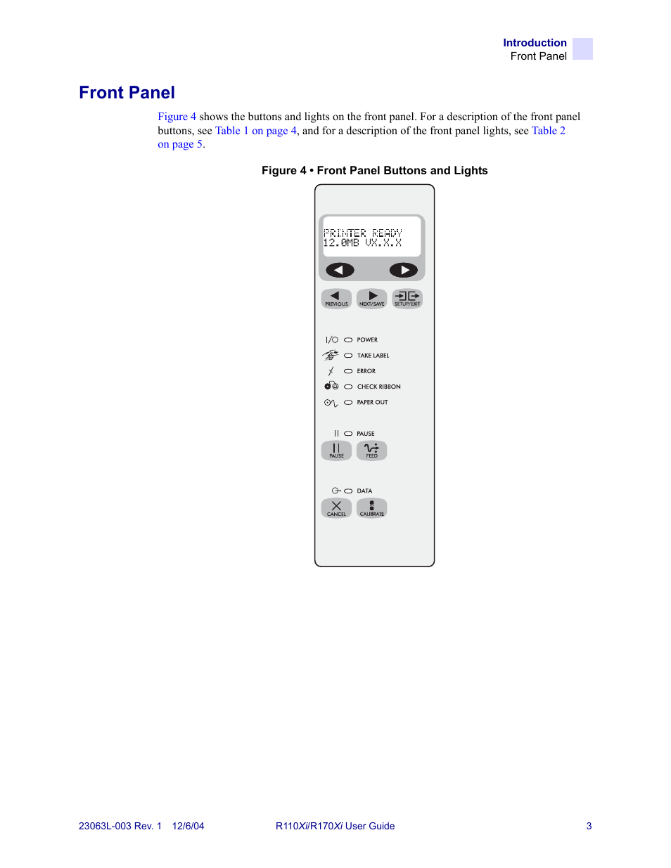 Front panel | Zebra Technologies R110Xi User Manual | Page 15 / 184