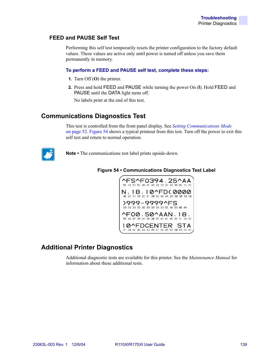 Communications diagnostics test, Additional printer diagnostics | Zebra Technologies R110Xi User Manual | Page 151 / 184