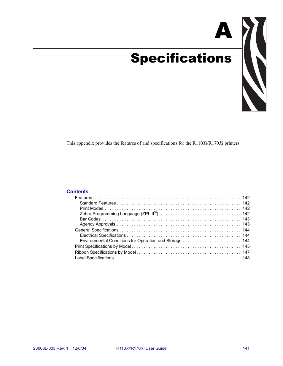 Specifications, A • specifications | Zebra Technologies R110Xi User Manual | Page 153 / 184