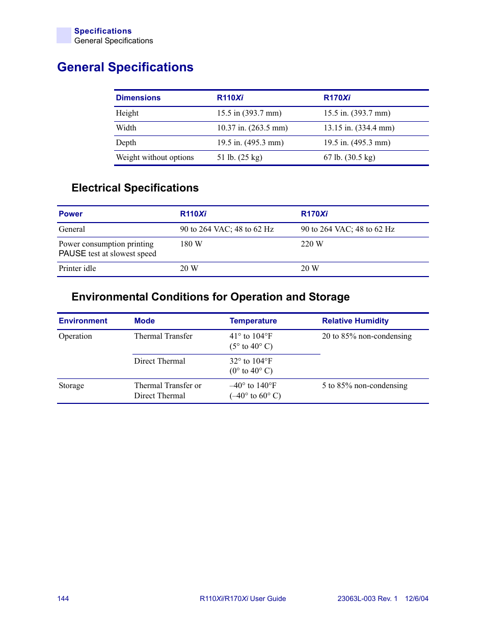 General specifications, Electrical specifications, Environmental conditions for operation and storage | Zebra Technologies R110Xi User Manual | Page 156 / 184