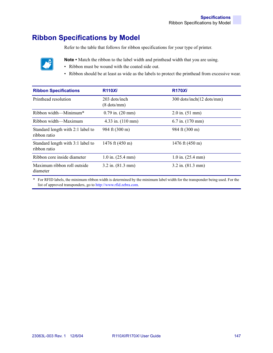 Ribbon specifications by model | Zebra Technologies R110Xi User Manual | Page 159 / 184