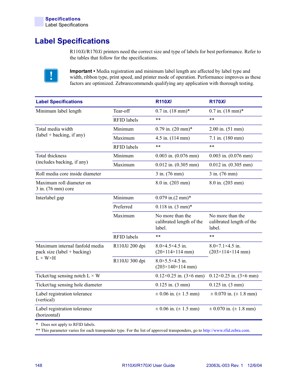 Label specifications | Zebra Technologies R110Xi User Manual | Page 160 / 184