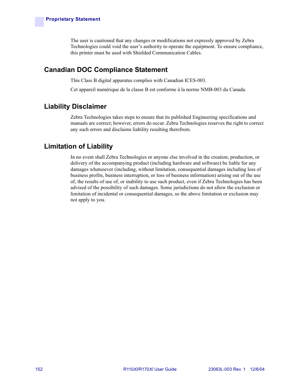 Canadian doc compliance statement, Liability disclaimer, Limitation of liability | Zebra Technologies R110Xi User Manual | Page 164 / 184