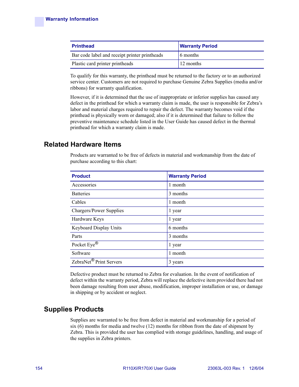 Related hardware items, Supplies products | Zebra Technologies R110Xi User Manual | Page 166 / 184