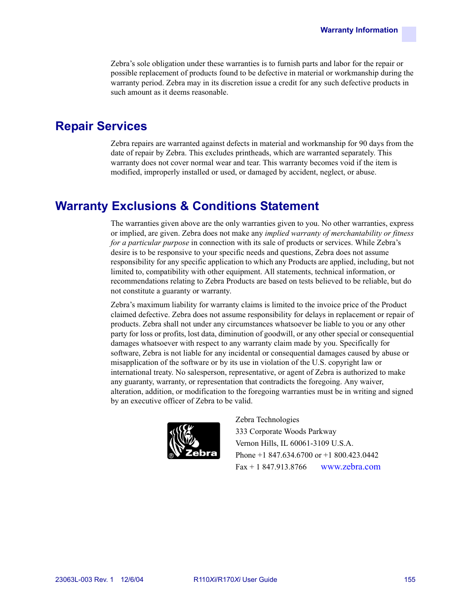 Repair services, Warranty exclusions & conditions statement | Zebra Technologies R110Xi User Manual | Page 167 / 184