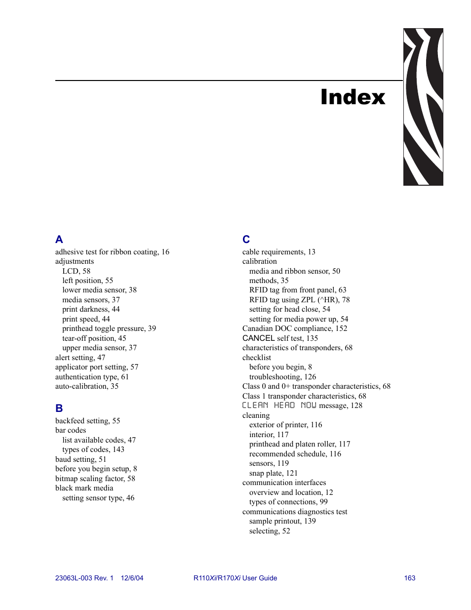 Index | Zebra Technologies R110Xi User Manual | Page 175 / 184