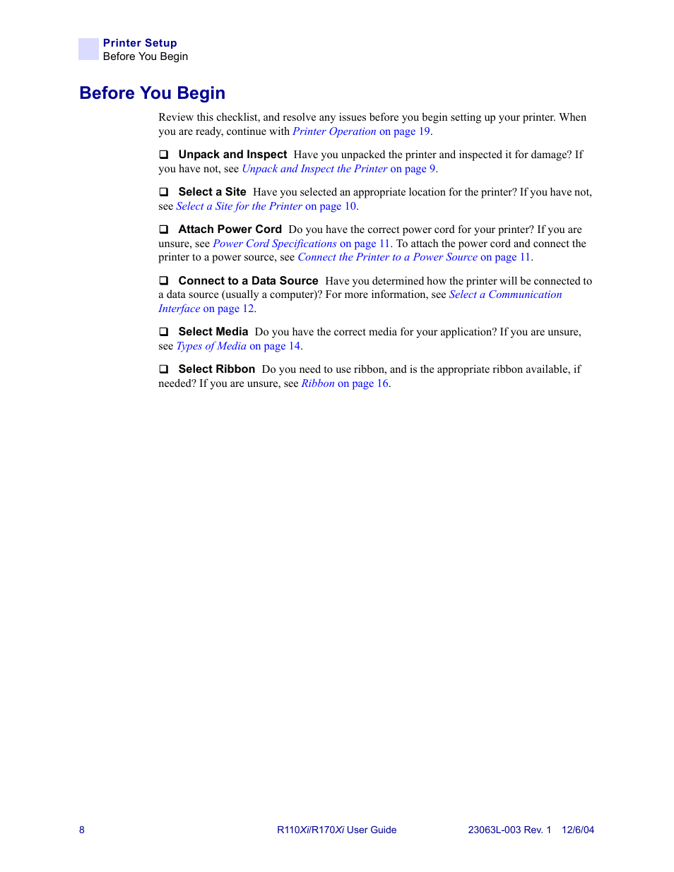 Before you begin | Zebra Technologies R110Xi User Manual | Page 20 / 184
