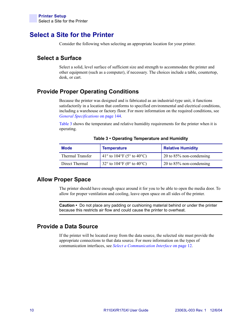 Select a site for the printer, Select a surface, Provide proper operating conditions | Allow proper space, Provide a data source | Zebra Technologies R110Xi User Manual | Page 22 / 184