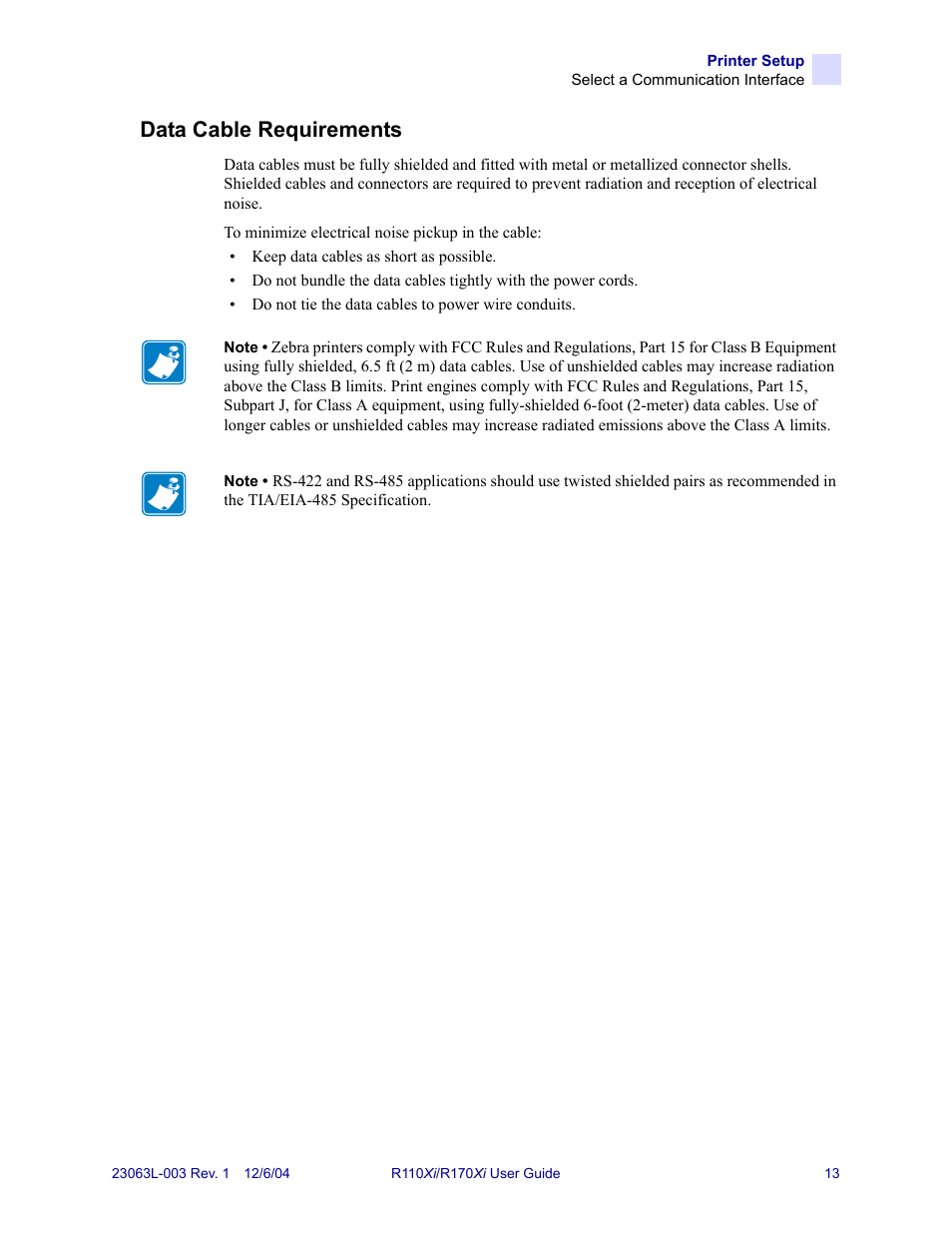 Data cable requirements | Zebra Technologies R110Xi User Manual | Page 25 / 184