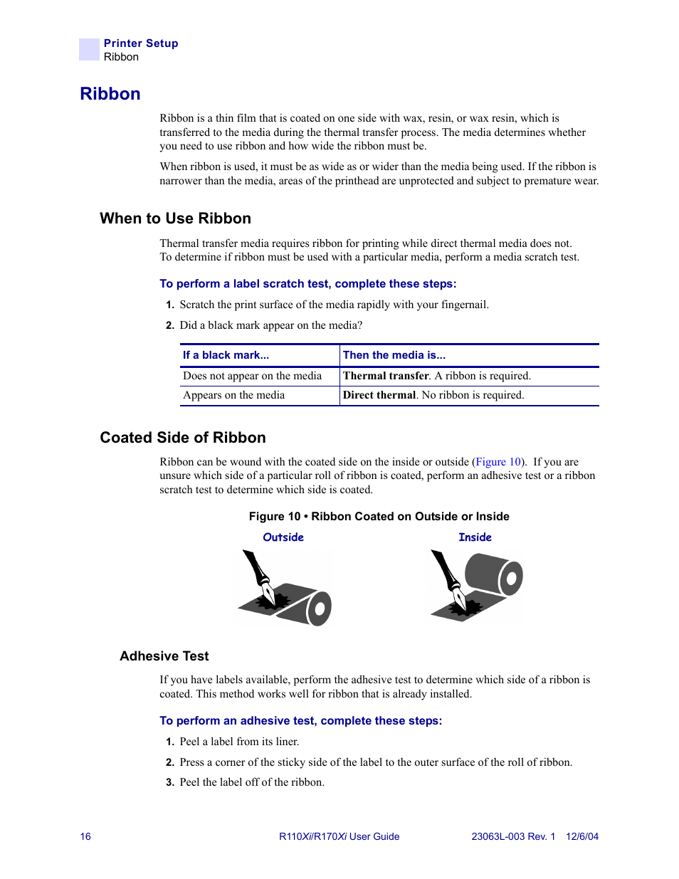 Ribbon, When to use ribbon, Coated side of ribbon | When to use ribbon coated side of ribbon | Zebra Technologies R110Xi User Manual | Page 28 / 184