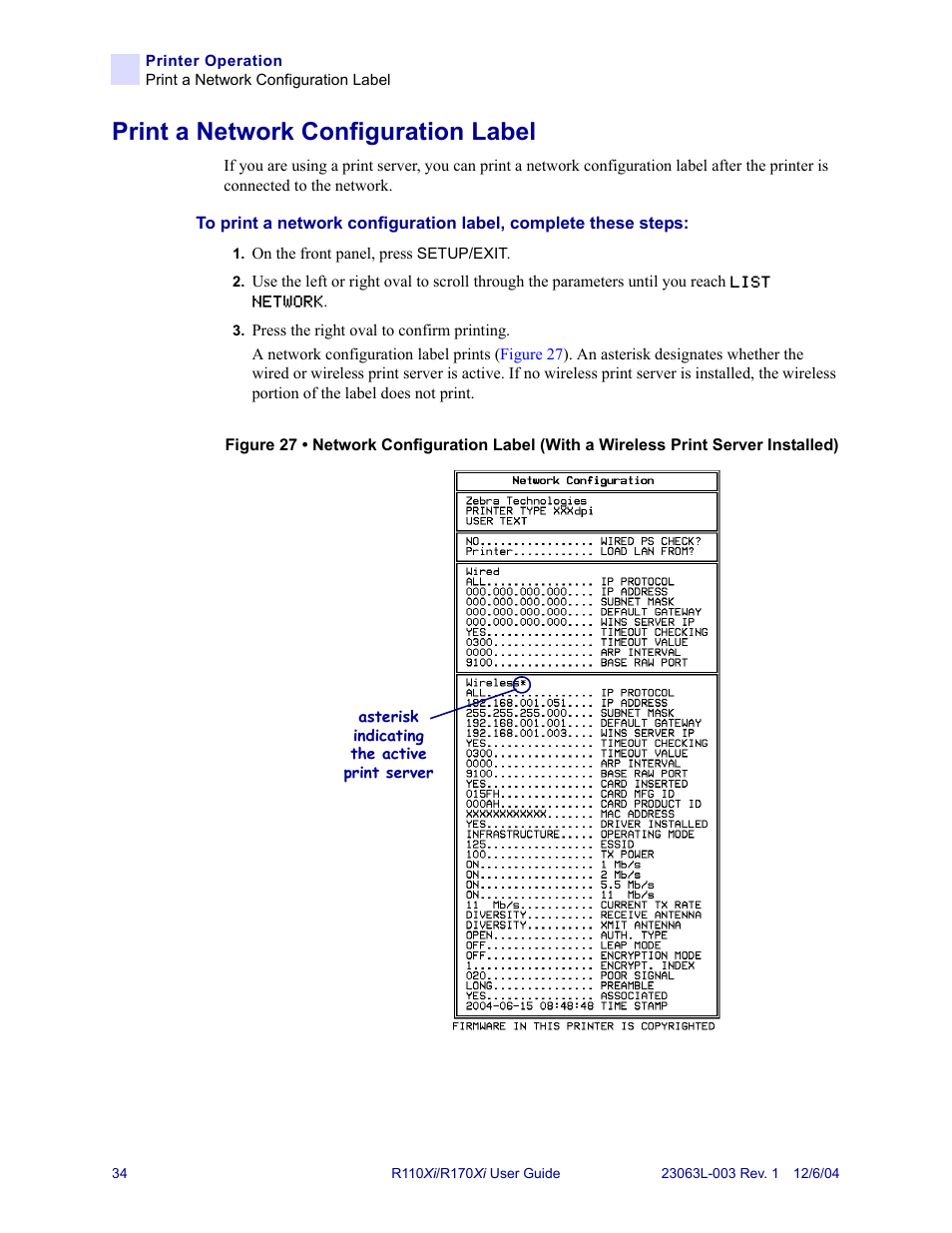 Print a network configuration label | Zebra Technologies R110Xi User Manual | Page 46 / 184