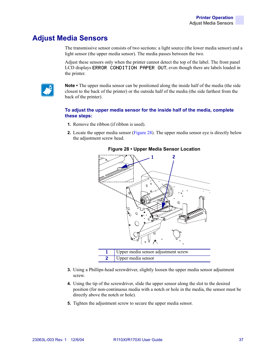 Adjust media sensors, R to, For addit | Zebra Technologies R110Xi User Manual | Page 49 / 184