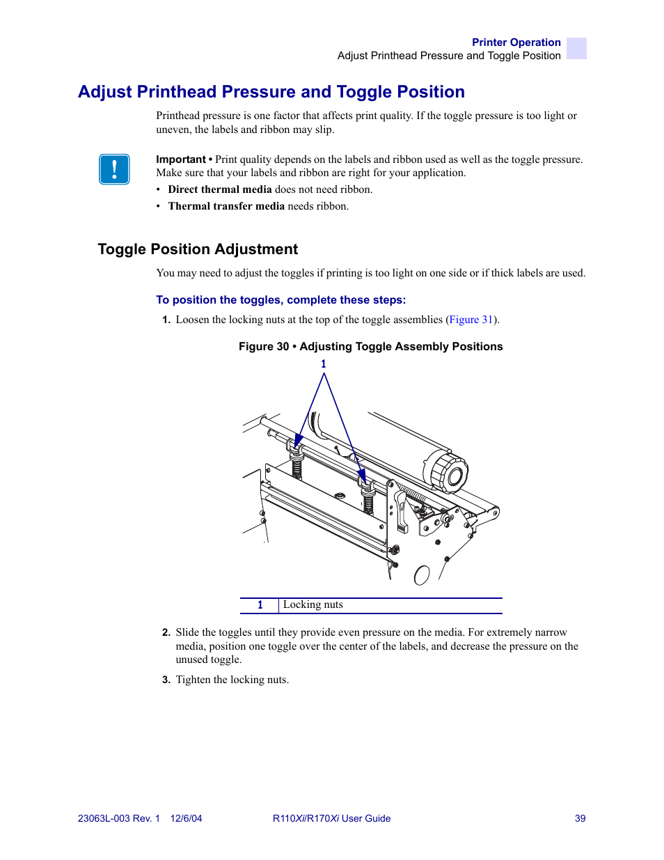 Adjust printhead pressure and toggle position, Toggle position adjustment | Zebra Technologies R110Xi User Manual | Page 51 / 184