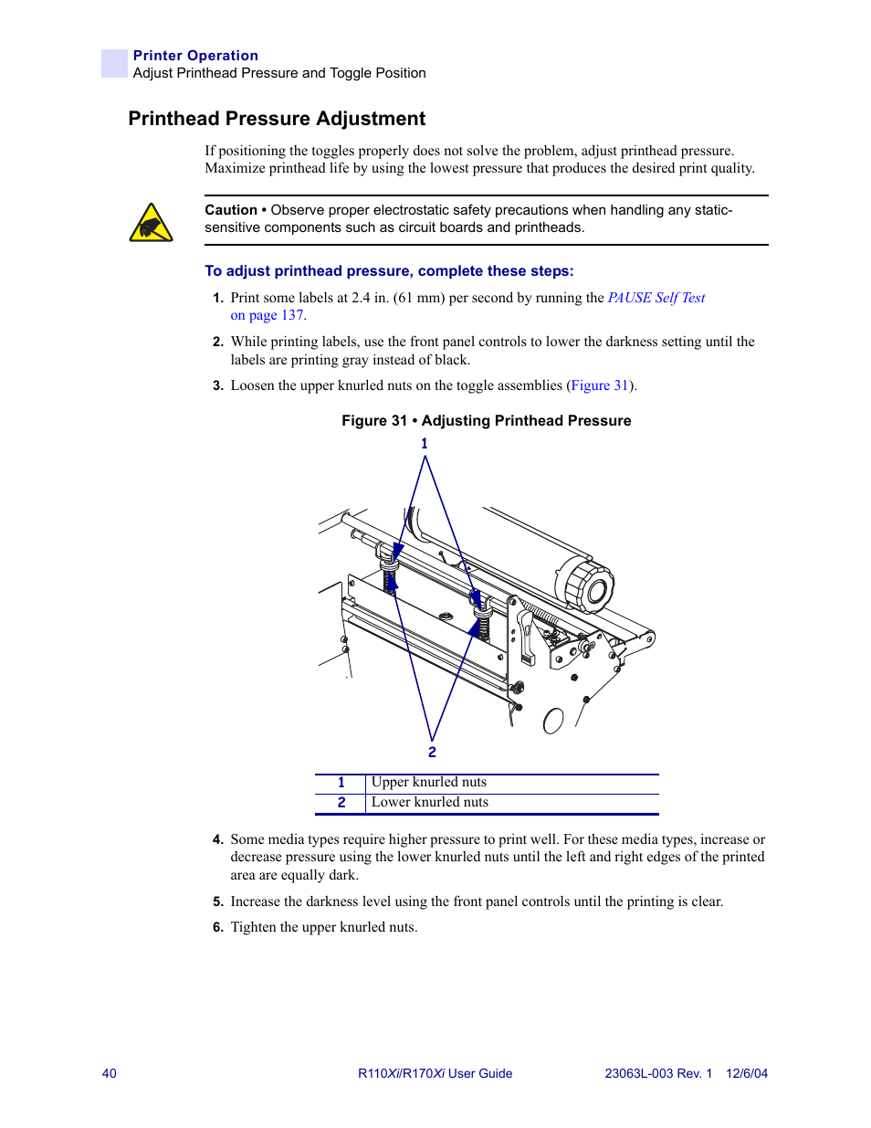 Printhead pressure adjustment | Zebra Technologies R110Xi User Manual | Page 52 / 184