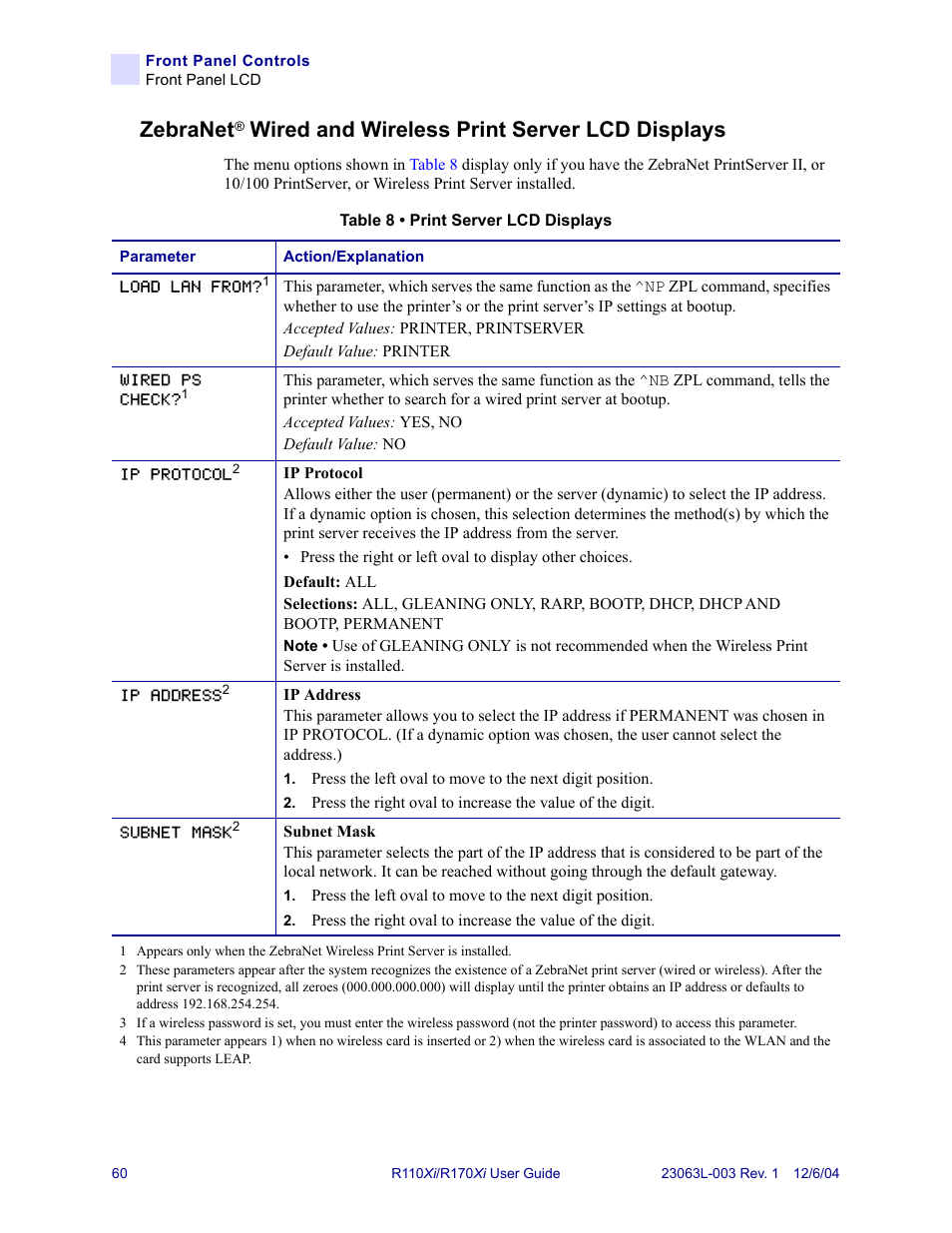 Zebranet, Wired and wireless print server lcd displays | Zebra Technologies R110Xi User Manual | Page 72 / 184