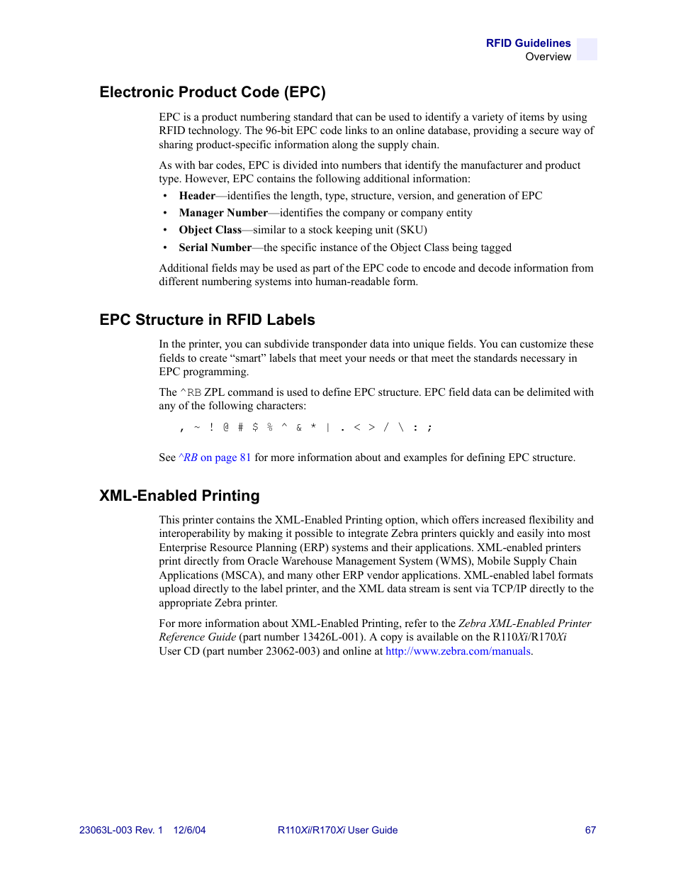 Electronic product code (epc), Epc structure in rfid labels, Xml-enabled printing | Zebra Technologies R110Xi User Manual | Page 79 / 184