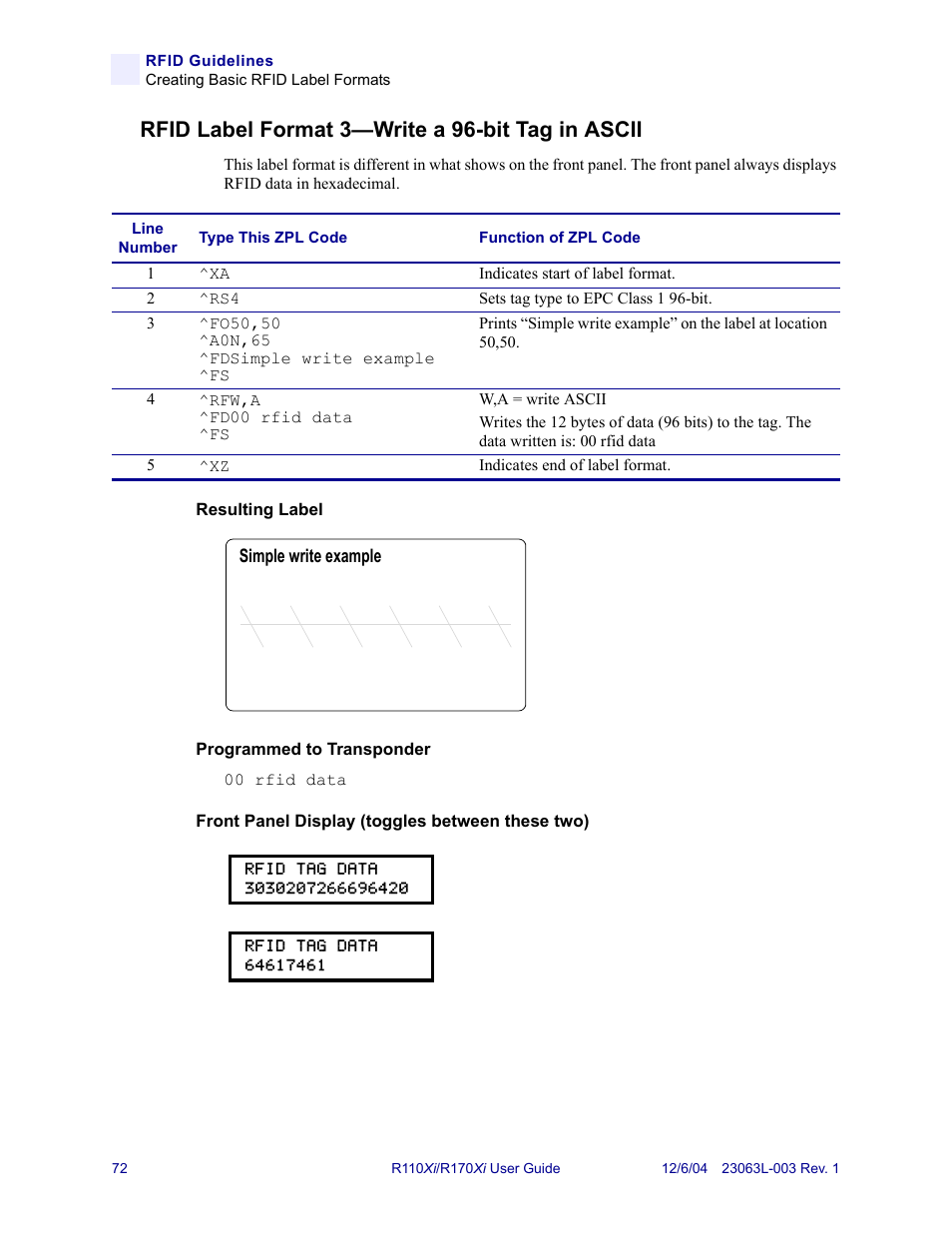 Rfid label format 3-write a 96-bit tag in ascii, Rfid label format 3—write a 96-bit tag in ascii | Zebra Technologies R110Xi User Manual | Page 84 / 184