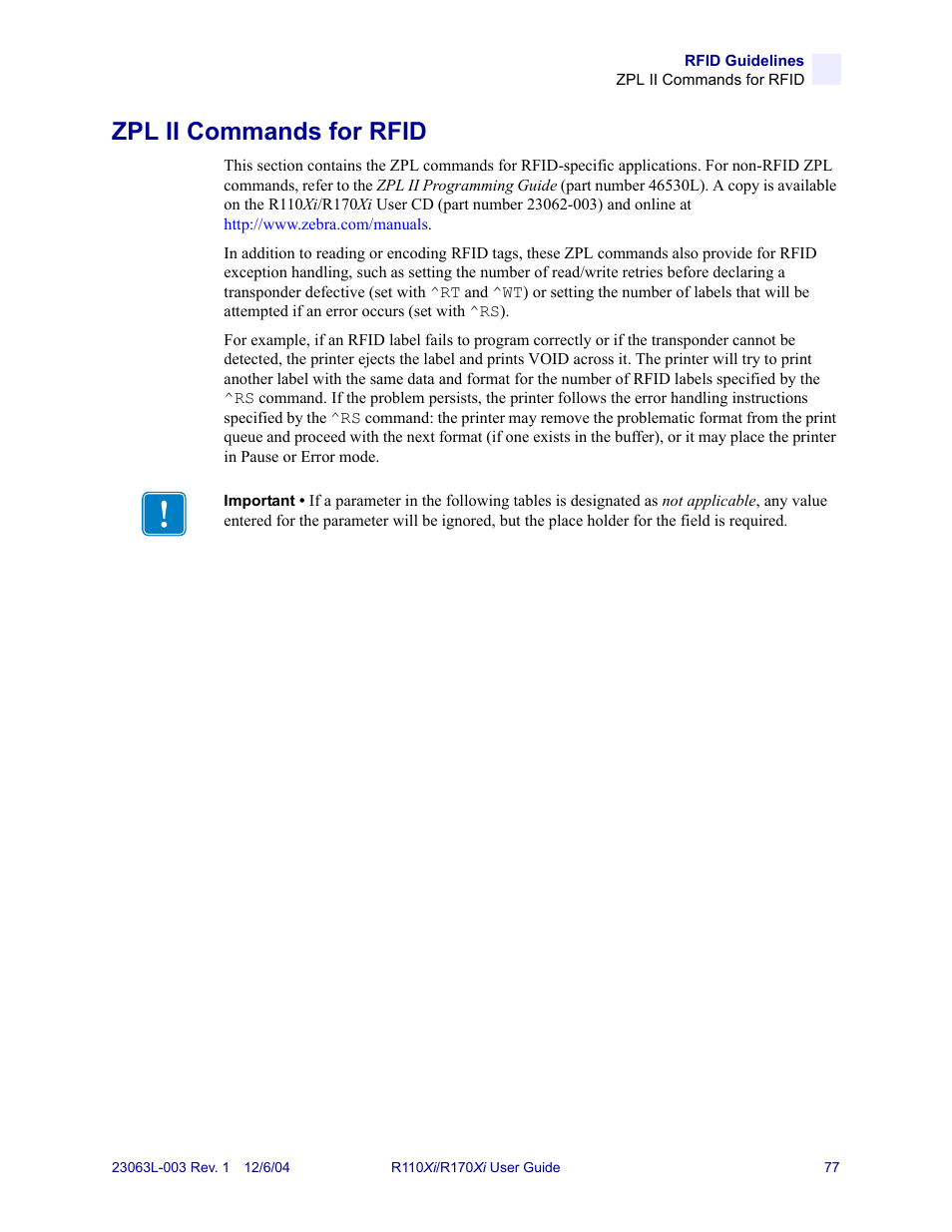 Zpl ii commands for rfid, Zpl ii commands for | Zebra Technologies R110Xi User Manual | Page 89 / 184