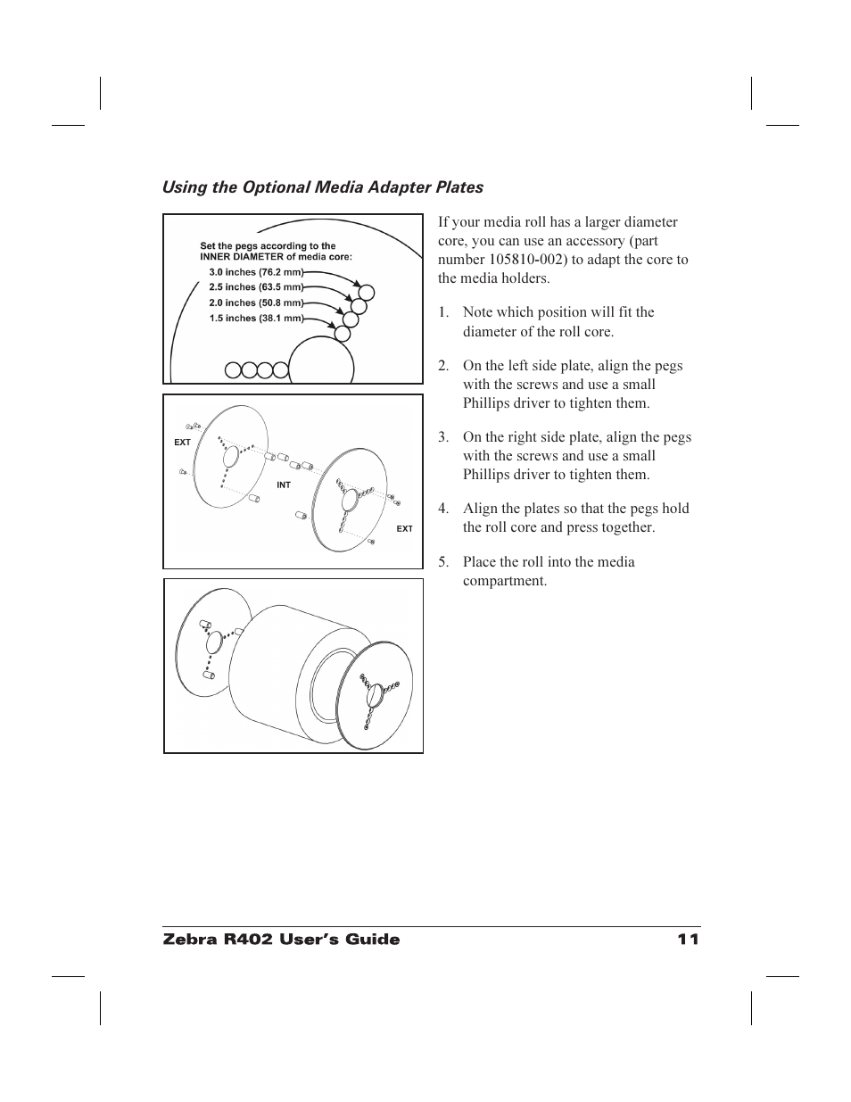 Using the media adapter plates 11, Media adapters 11, Plates, media adapter 11 | Using the media adapter plates | Zebra Technologies R402 User Manual | Page 19 / 72
