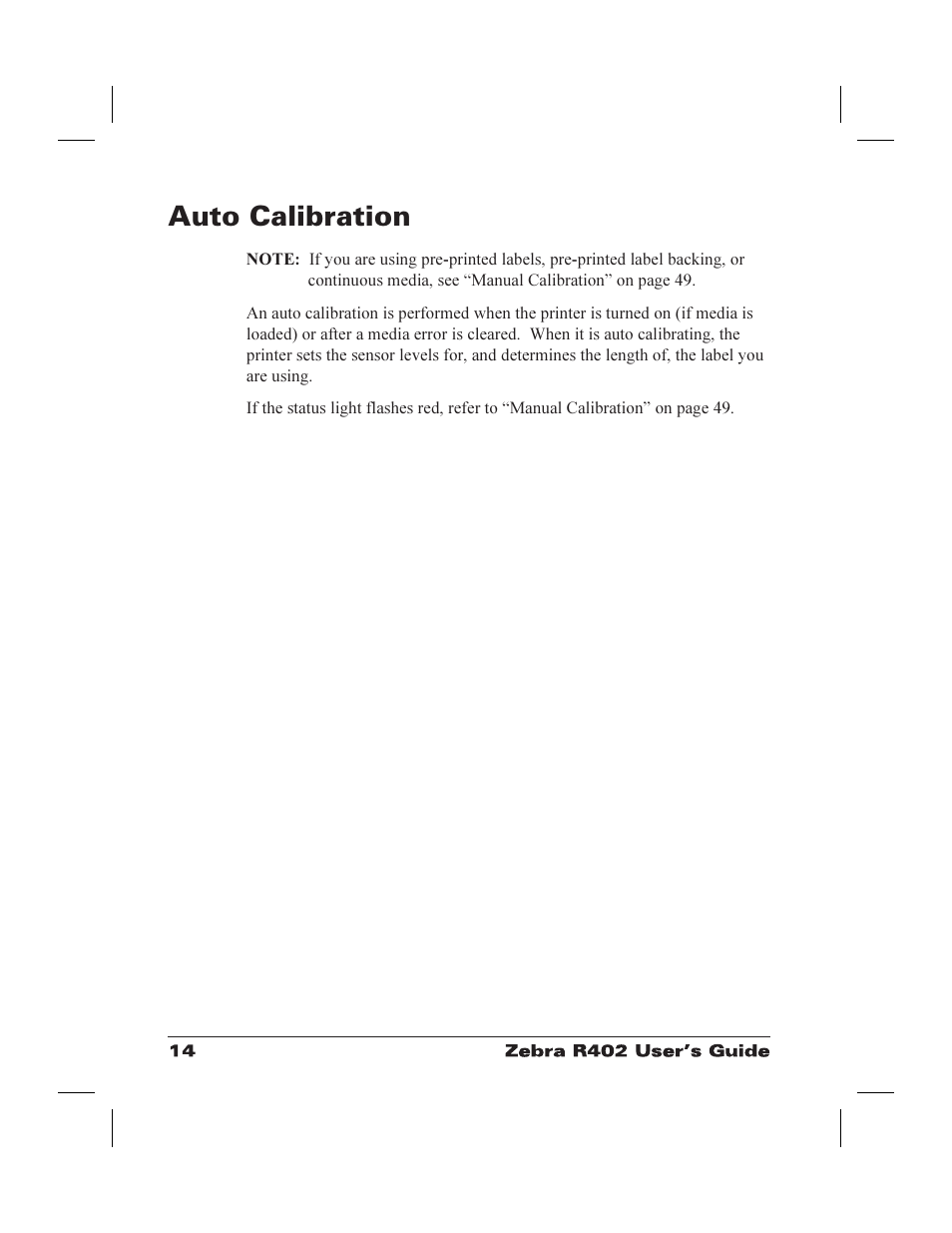 Auto calibration 14, Calibration, auto 14, Auto calibration | Zebra Technologies R402 User Manual | Page 22 / 72