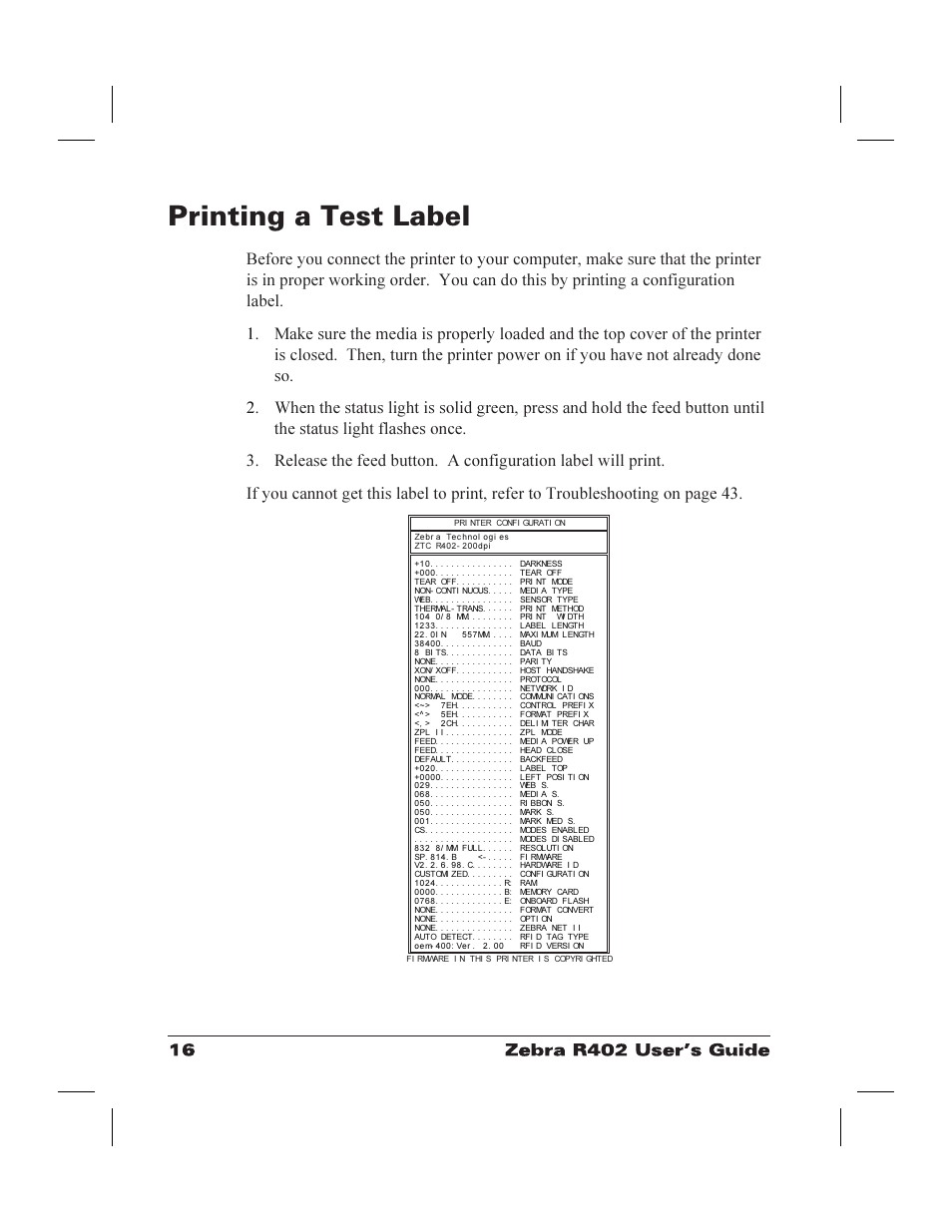 Printing a test label 16, Configuration label 16, 50, Test label 16 | Printing a test label | Zebra Technologies R402 User Manual | Page 24 / 72
