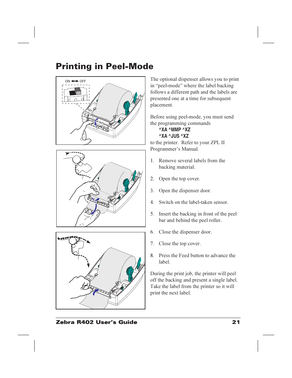 Printing in peel-mode 21, Dispenser 21, Peel-mode 21 | Printing in peel-mode | Zebra Technologies R402 User Manual | Page 29 / 72
