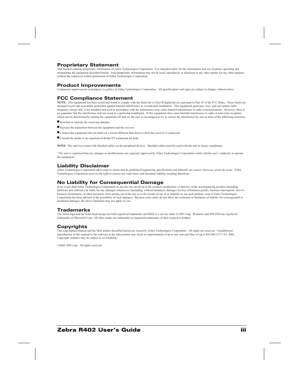 Copyrights iii, Fcc iii, Trademarks iii | Zebra Technologies R402 User Manual | Page 3 / 72