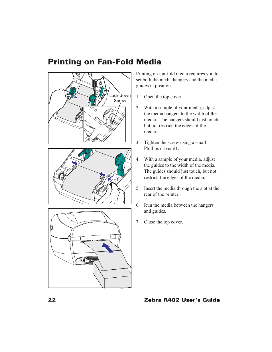 Printing on fan-fold media 22, Fan-fold media 22, Media 22 | Printing on fan-fold media | Zebra Technologies R402 User Manual | Page 30 / 72