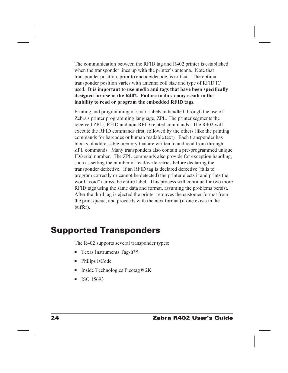 Supported transponders 24, Rewriting 24, Transponders 24 | Supported transponders | Zebra Technologies R402 User Manual | Page 32 / 72