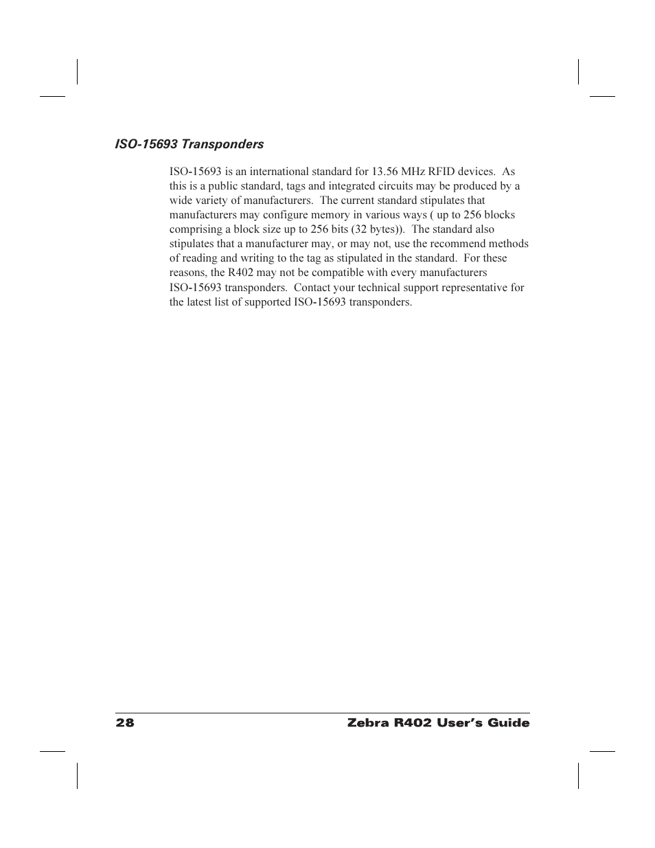Iso-15693 transponders 28, Iso-15693 28, Iso-15693 transponders | Zebra Technologies R402 User Manual | Page 36 / 72