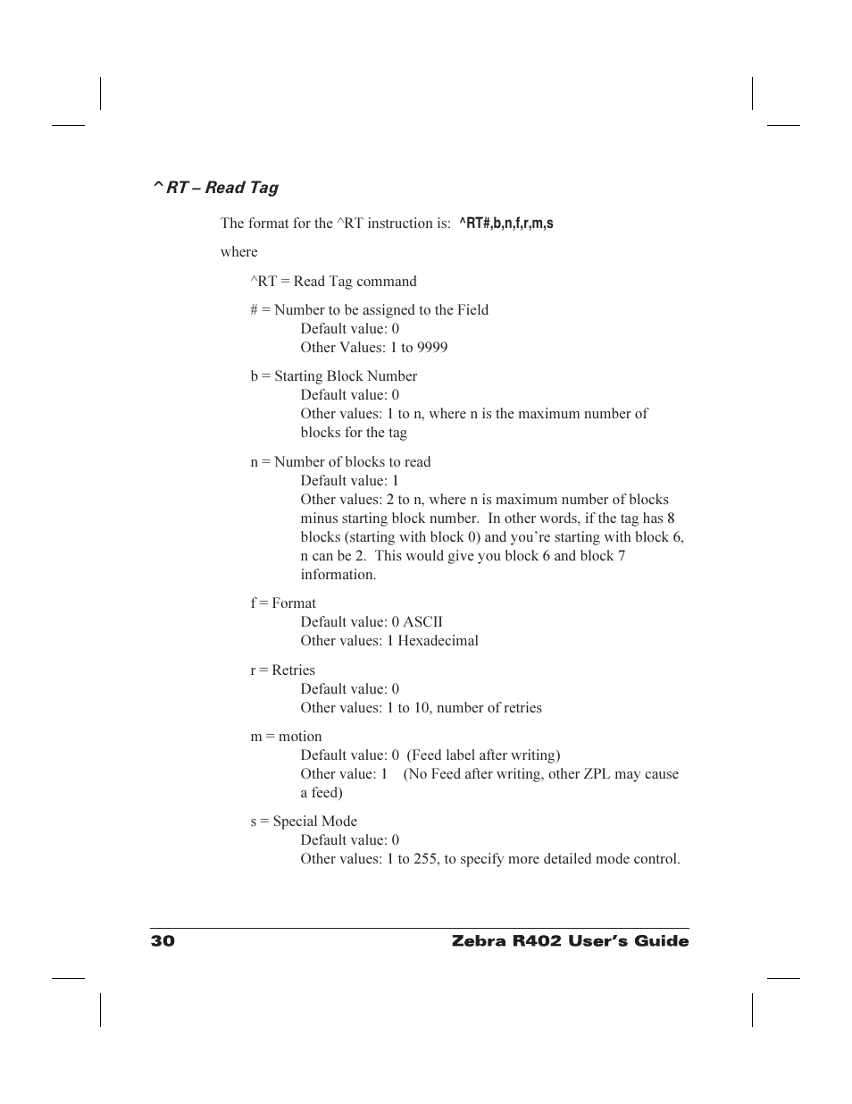 Rt œ read tag 30, Read tag command 30, Rt – read tag | Zebra Technologies R402 User Manual | Page 38 / 72