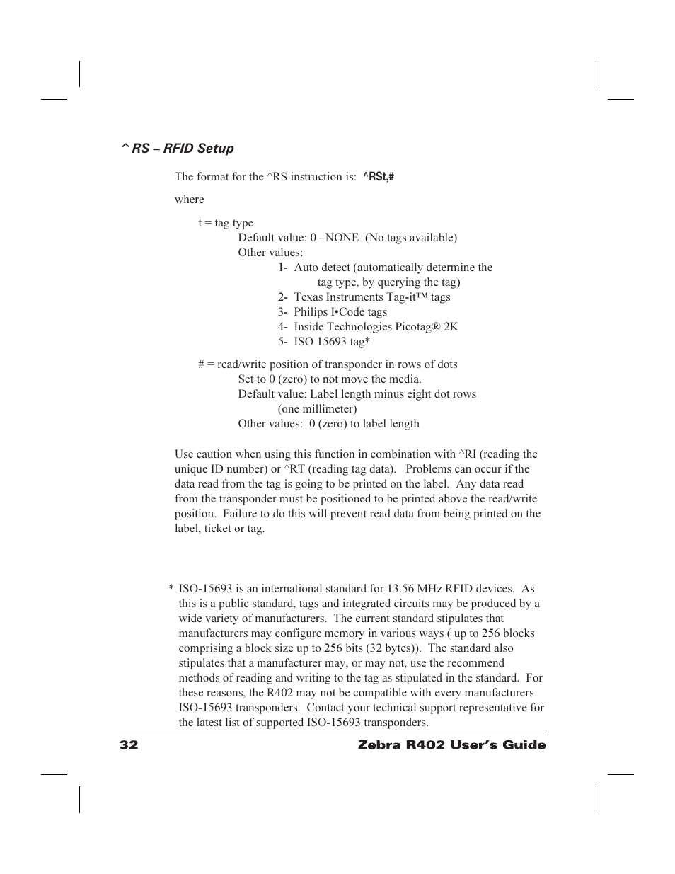 Rs œ rfid setup 32, Setup command 32, Rs – rfid setup | Zebra Technologies R402 User Manual | Page 40 / 72