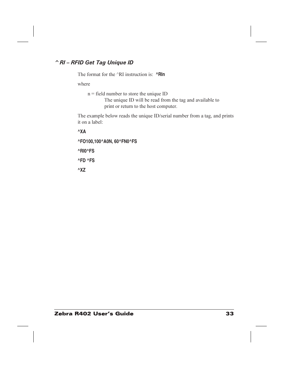 Ri œ rfid get tag unique id 33, Get tag id command 33, Ri – rfid get tag unique id | Zebra Technologies R402 User Manual | Page 41 / 72