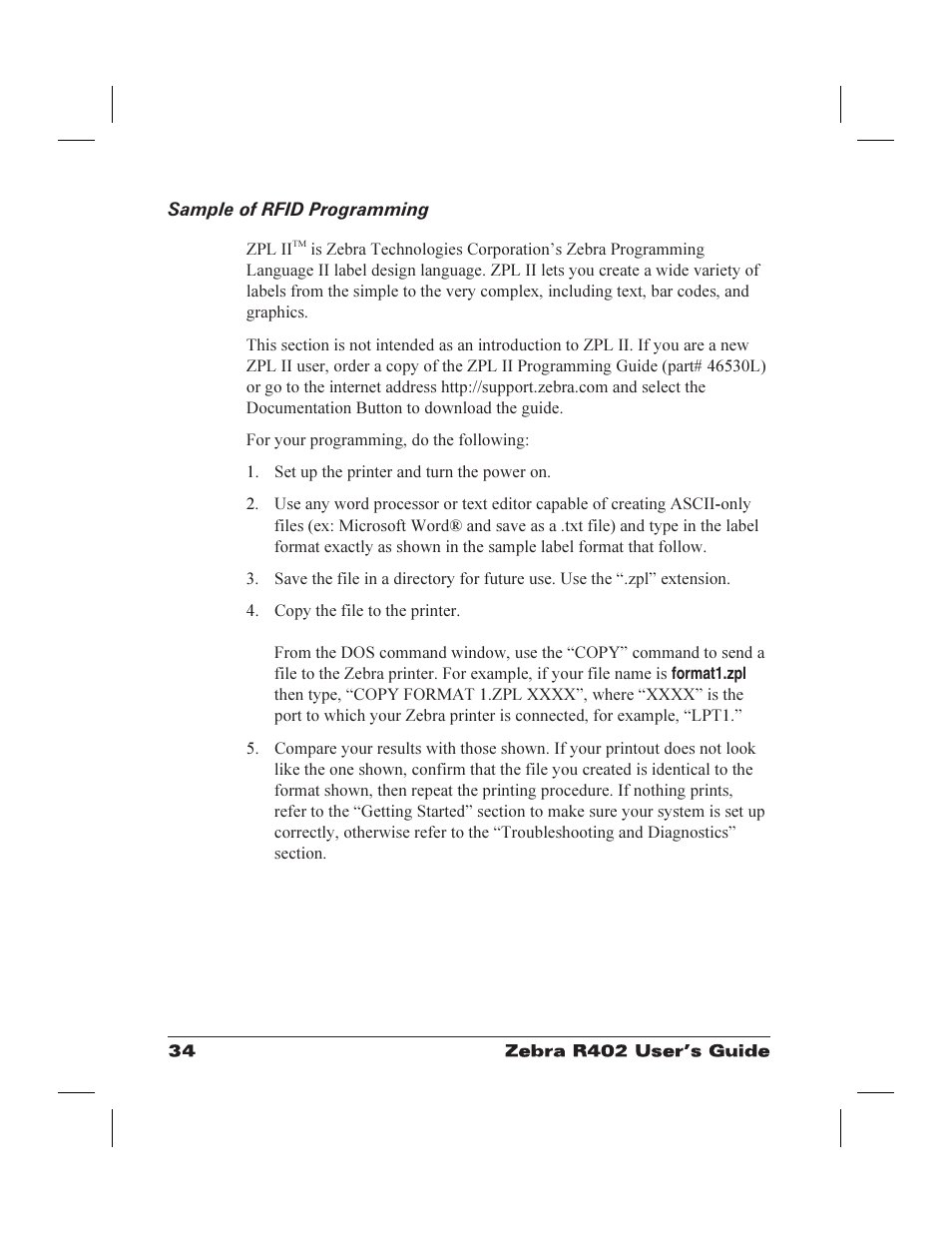 Sample of rfid programming 34, Programming, rfid 34, Sample of rfid programming | Zebra Technologies R402 User Manual | Page 42 / 72