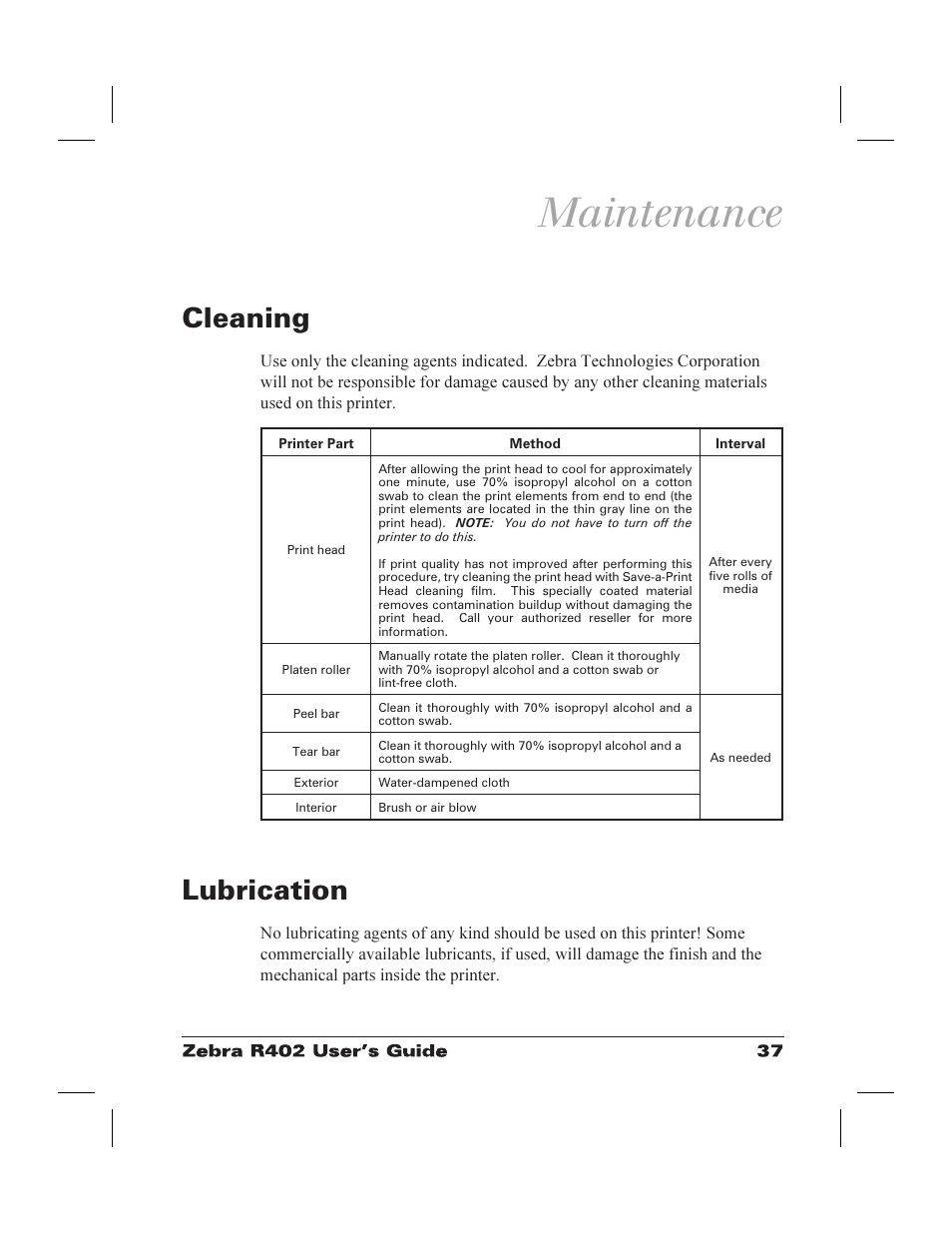 Maintenance, Cleaning 37, Lubrication 37 | Maintenance 37, Cleaning lubrication, Cleaning, Lubrication | Zebra Technologies R402 User Manual | Page 45 / 72