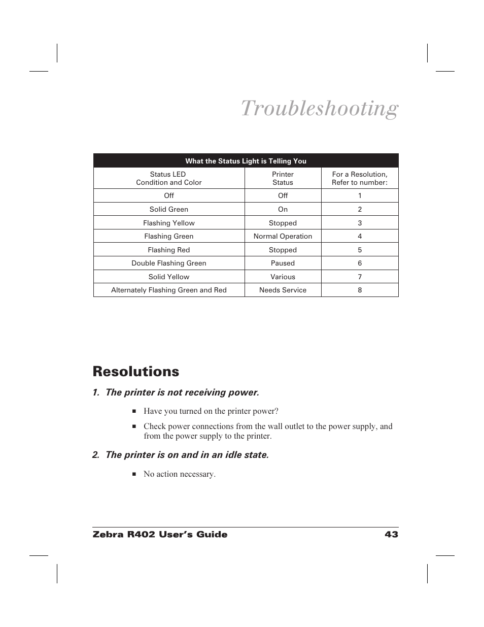 Troubleshooting, Resolutions 43, Status led 43 | Resolutions | Zebra Technologies R402 User Manual | Page 51 / 72