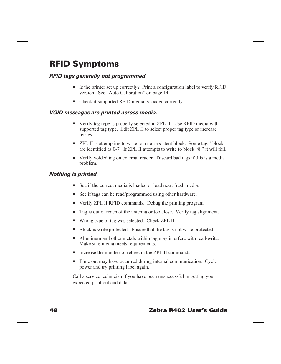 Rfid symptoms 48, Rfid tags generally not programmed 48, Void messages are printed across media. 48 | Nothing is printed. 48, Rfid symptoms, Rfid tags generally not programmed, Void messages are printed across media, Nothing is printed | Zebra Technologies R402 User Manual | Page 56 / 72