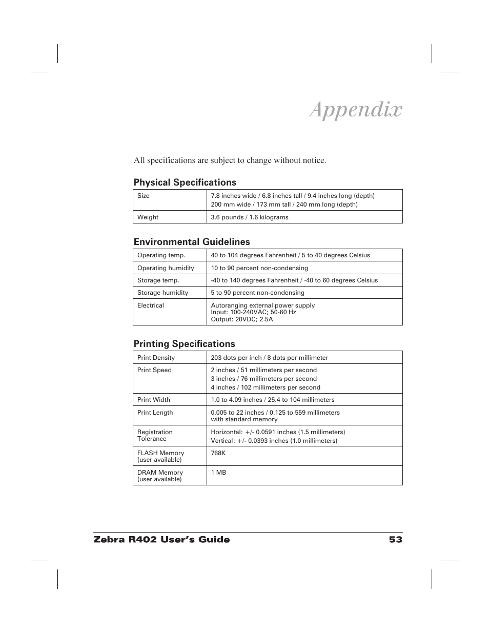 Appendix, Environmental guidelines 53, Physical characteristics 53 | Printing specifications 53, Physical specifications, Environmental guidelines, Printing specifications | Zebra Technologies R402 User Manual | Page 61 / 72