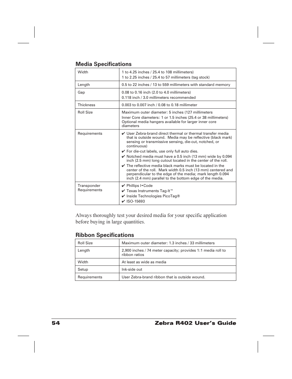 Media specifications 54, Ribbon specifications 54, Media specifications | Ribbon specifications | Zebra Technologies R402 User Manual | Page 62 / 72