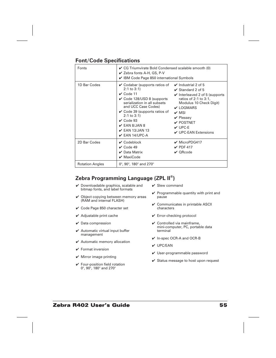 Bar codes 55, Fonts 55, Programming language 55 | Zpl ii 55, Font/code specifications, Zebra programming language (zpl ii | Zebra Technologies R402 User Manual | Page 63 / 72